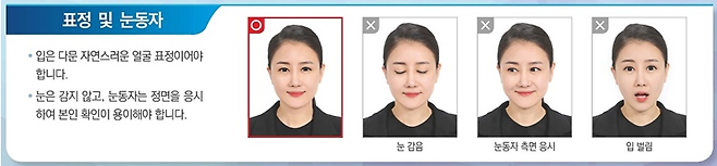 표정 및 눈동자 O X X 입은 다문 자연스러운 얼굴 표정이어야  합니다 눈은 감지 않고 눈동자는 정면을 응시 하여 본인 확인이 용이해야 합니다 눈 감음 눈동자 측면 응시 입 벌림