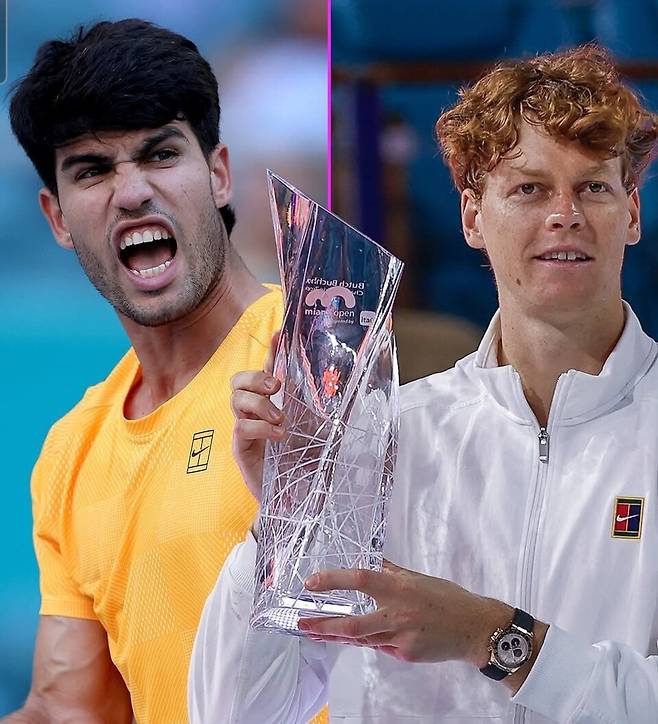 카를로스 알카라스와 야닉 시너. 두 선수는 지난 2년 동안 같이 출전한 23개의 ATP 투어 대회에서 22개의 우승트로피를 나눠 가졌다고 밝혔다. 사진 TNT 스포츠
