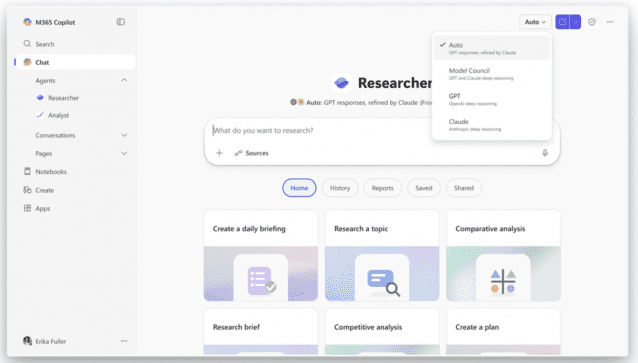 마이크로소프트 365 코파일럿의 심층 리서치 기능 '리서처(Researcher)'에 '크리틱(Critique)'과 '카운슬(Council)'이 추가됐다. (이미지=마이크로소프트 공식 블로그)