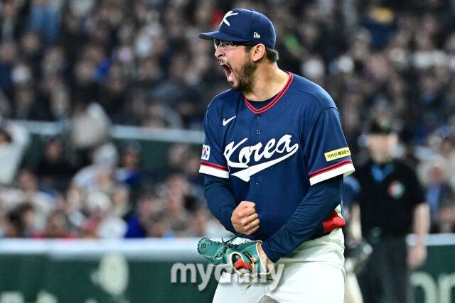 9일 일본 도쿄돔에서 열린 2026 월드 베이스볼 클래식(WBC) 조별리그 한국-호주 경기. 더닝이 7회말 2사 3루 호주 윙그로브를 삼진으로 잡고 포효하고 있다./도쿄(일본)=한혁승 기자 hanfoto@mydaily.co.kr