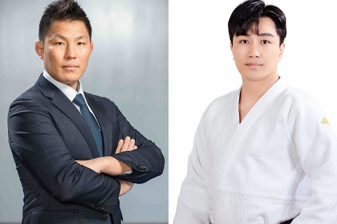 김재범 한국마사회 유도단 감독(왼쪽)과 부산경호고 황태원 감독