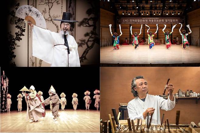 [서울=뉴시스] 시계 방향으로 판소리 송순섭 보유자, 처용무, 장도장 박종군 보유자,가산오광대 (사진=국가유산진흥원 제공) 2026.03.31. photo@newsis.com *재판매 및 DB 금지