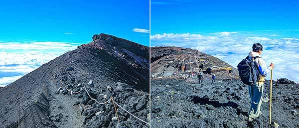 후지산 정상 분화구. 한라산과 비교한다면, 초록빛 초지와 푸른 물이 단정한 백록담에 비해 후지산 분화구는 삭막하고 황량하다. 분화구 둘레 약 3km를 도는 데 1시간쯤 걸린다. 둘레길 한쪽 언덕의 겐가미네봉에 3,776m라고 새긴 '일본 최고봉' 비석이 있다.