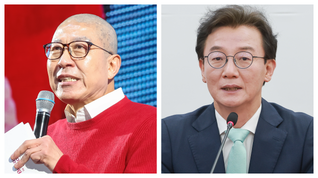 지난달 24일 부산 사직실내체육관에서 ‘글로벌허브도시 부산을 말하다’ 시정보고회가 열려 박형준 부산시장이 시정 브리핑을 하고 있다(왼쪽). 더불어민주당 전재수 의원이 24일 국회에서 열린 한병도 원내대표와의 부산 글로벌허브도시 조성에 관한 특별법안 관련 간담회에 참석해 발언하고 있다. 김종진 기자·연합뉴스