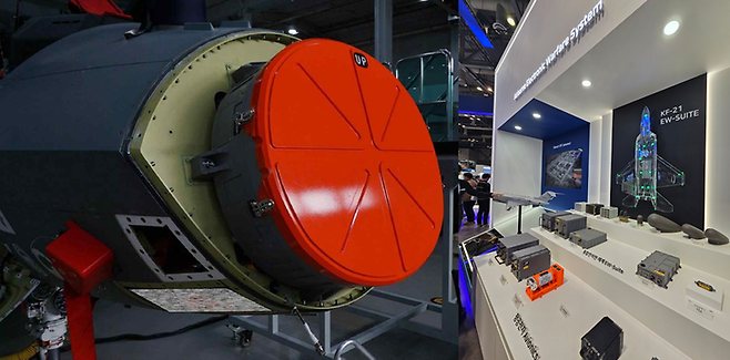 ▲KF-21에 적용되는 한화시스템의 AESA 레이다(좌)와 LIG D&A가 만든 내장형 통합 전자전 장비(EW Suite). 사진=한화시스템·박규빈 기자