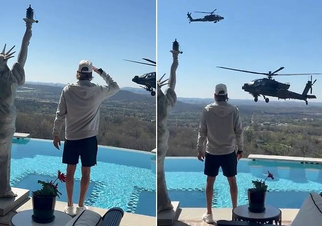 미국 가수 키드 록이 자신의 집 앞에서 저공비행을 한 헬기에 경례하는 모습 ./ 인스타그램