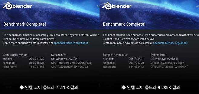 블렌더 5.1 벤치마크 결과 인텔 코어 울트라 7 270K가 근소하게 높았다 / 출처=IT동아