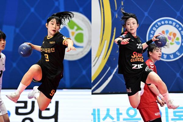 사진 부산시설공단 레프트윙 정가희와 SK슈가글라이더즈 라이트윙 김하경, 사진 제공=한국핸드볼연맹
