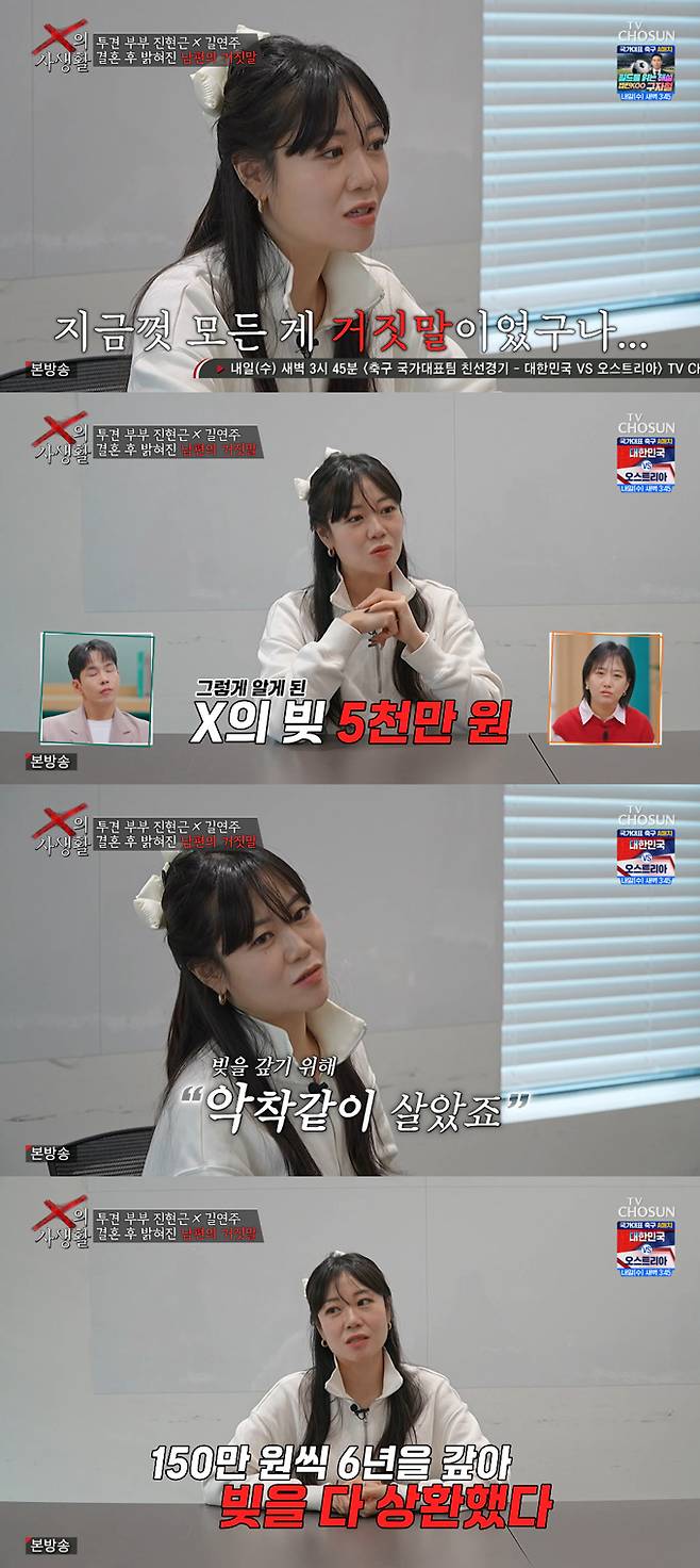 '투견부부' 길연주가 전남편 진현근이 거액의 빚을 숨겼다고 폭로하며, 자신이 결혼 생활 6년간 악착같이 살며 이를 다 갚았다고 폭로했다./사진=TV조선 'X의 사생활' 방송 화면