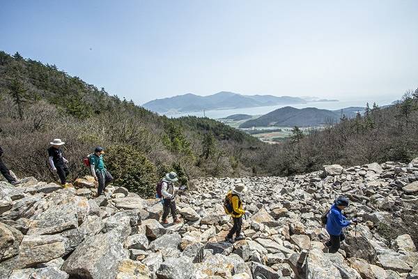 달마고도의 너덜 구간을 걷는 '힐링걷기 축제' 참가자들. 전국 각지에서 온 걷기 마니아들이 땅끝해남의 봄을 온 몸으로 만끽했다.