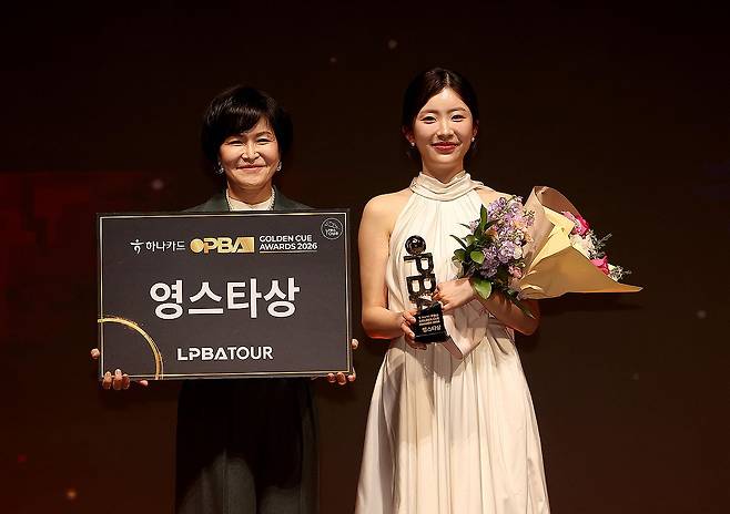 프로당구 산체스·김가영, 남녀 MVP 수상…정수빈 영스타상 (서울=연합뉴스) 이대호 기자 = '스페인 3쿠션 전설' 다니엘 산체스(웰컴저축은행)와 '당구여제' 김가영(하나카드)이 2025-2026시즌 프로당구를 가장 빛낸 최우수선수(MVP)로 우뚝 섰다.
    프로당구협회(PBA)는 17일 서울 광진구 그랜드워커힐 비스타홀에서 열린 '하나카드 PBA 골든큐 어워즈 2026'에서 산체스와 김가영이 각각 남녀부 대상을 차지했다고 밝혔다. 영스타상을 받은 정수빈. 2026.3.17 [PBA 제공. 재판매 및 DB 금지]
