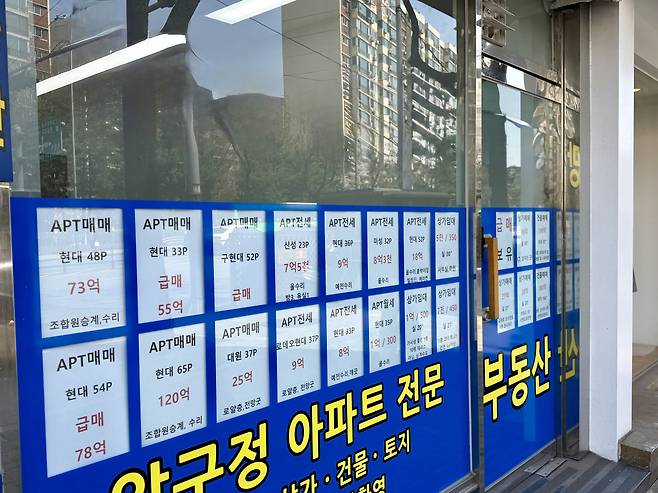 강남구 한 공인중개사무소 앞에 아파트 '급매물'을 포함한 매물 안내가 붙어있다.(정유정 기자 @oiljung)