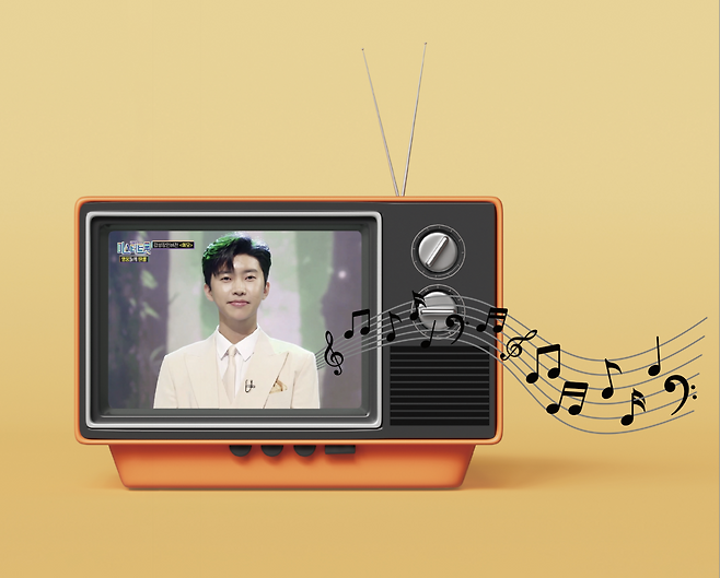 텔레비전에 가수 임영웅이 노래를 부르는 모습. (그래픽 이은숙 기자, 사진 TV조선)