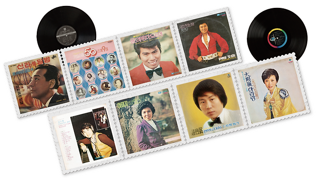 트로트 가수들의 LP음반들.(그래픽 이은숙 기자, 사진 국립민속박물관)