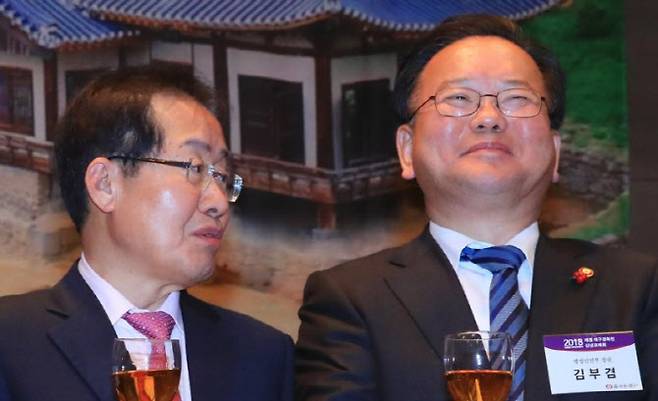 홍준표 전 대구시장(왼쪽)과 김부겸 전 총리가 각각 자유한국당 대표, 행정안전부 장관이던 2018년 1월 8일 오후 서울 태평로 한국프레스센터에서 열린 재경 대구-경북인 신년교례회에서 건배를 한 뒤 대화하고 있다. (사진=연합뉴스)