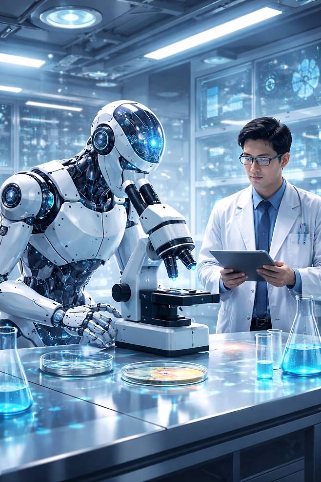 'AI(인공지능) 과학자'가 스스로 가설을 세우고 실험을 진행하는 장면을 묘사한 상상도. /DALL·E 생성