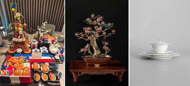 청와대는 2일 이재명 대통령 부부가 에마뉘엘 마크롱 프랑스 대통령 부부를 위해 준비한 선물을 공개했다. 숙소에는 에펠탑 모양의 공예 작품, 프랑스 국기가 꽂힌 복주머니 모양의 빵, 마크롱 대통령의 고향인 ‘아미앵’식 마카롱 등을 웰컴 키트로 비치했다. 또한 이 대통령은 마크롱 대통령을 위해 1886년 고종이 프랑스와의 수교를 기념하며 프랑스 대통령에게 선물한 ‘고종 반화’를 재해석한 작품과 백자 양식기 세트 등을 준비했다./청와대 제공