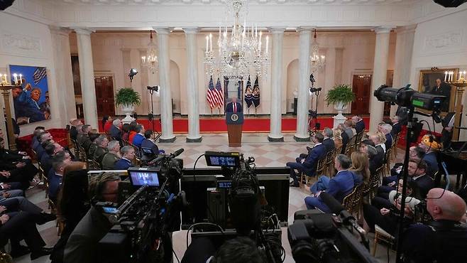 1일(현지시각) 도널드 트럼프 미국 대통령이 백악관에서 이란 전쟁 관련 연설을 하고 있다. AFP 연합뉴스