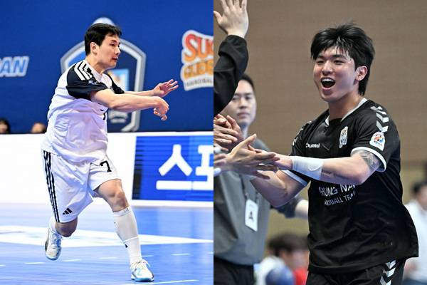 사진 두산 이한솔과 충남도청 육태경(왼쪽부터), 사진 제공=한국핸드볼연맹