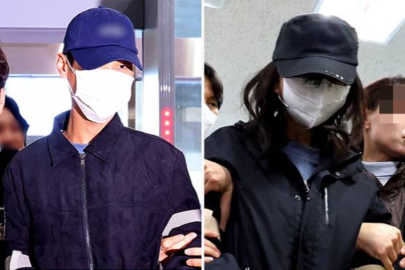 장모를 폭행 살해한 뒤 시신을 유기한 혐의를 받는 사위(왼쪽)와 공범 관계인 딸이 대구지법에서 열린 구속 전 피의자 심문(영장실질심사)에 출석하는 모습. /사진=뉴시스