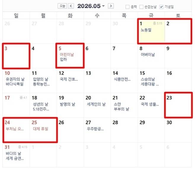 올해 5월 공휴일과 연휴. 네이버 달력.