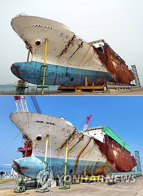 세월 상흔 역력한 '세월호' (목포=연합뉴스) 정다움 기자 = 해양수산부는 2일 세월호 선체 이전을 위한 기초 자료 조사가 막바지 단계에 들어갔다고 밝혔다.
    목포신항에 거치된 세월호는 현재 위치로부터 2㎞ 떨어진 고하도 앞바다 유휴부지로 오는 2028년 옮겨져 거치될 예정이다.
    사진은 참사 5주기를 사흘 앞둔 2019년 4월 13일 찍은 세월호의 모습(위)과 12주기를 앞둔 이날 찍은 세월호의 모습(아래). 2026.4.2 daum@yna.co.kr