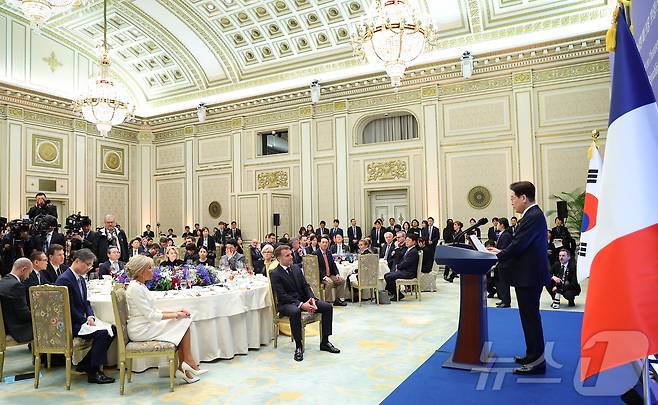이재명 대통령이 3일 청와대 영빈관에서 열린 에마뉘엘 마크롱 프랑스 대통령 국빈 방한 환영 오찬에서 환영사를 하고 있다. 2026.4.3 ⓒ 뉴스1 허경 기자