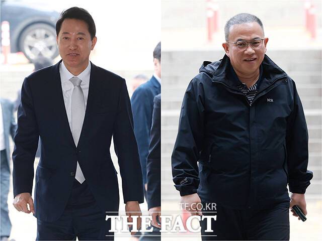 오세훈 서울시장(왼쪽)이 3일 오전 서울 서초구 서울중앙지방법원에서 열린 여론조사비 대납 의혹 관련 5차 공판에 출석하고 있다. 오른쪽은 이날 증인으로 공판에 출석하는 '정치 브로커' 명태균 씨의 모습. /사진공동취재단