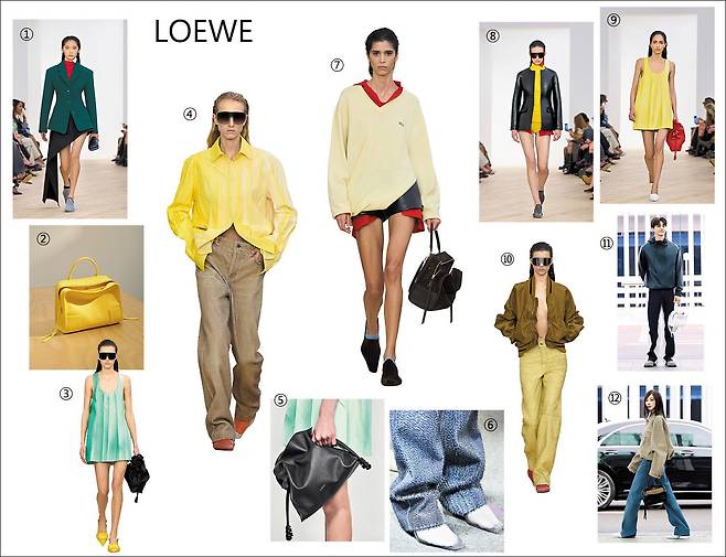 ①구조적인 자켓과 비대칭 스커트 실루엣에 대담한 컬러가 돋보이는 로에베 2026 봄-여름 런웨이 20번 룩.  ②창립 180주년을 기념한 새로운 ‘아마조나 180 백.’ 하나의 핸들에 열려진 듯한 슬라우치 디자인이 특징.  ③그라데이션 가죽 미니드레스.  ④세련된 가죽 공예를 확인할 수 있는 가죽 셔츠에 깃털 팬츠가 매치된 로에베 2026 봄-여름 런웨이 9번 룩.  ⑤로에베의 아이코닉한 플라멩코 클러치에 코일 핸드 디테일을 더한 ‘플라멩코 클러치 코일 백’.  ⑥투명한 PVC 소재로, 삭스 컬러를 바꾸어 연출할 수 있는 ‘에밀리 아쿠아 슈즈’.  ⑦유쾌하고 생동감 있는 컬러가 돋보이는 비대칭 드레이프 실루엣에, 가슴의 더블 ‘L’ 로고가 특징인 로에베 2026 봄-여름 런웨이 4번 룩.  ⑧가죽 몰딩을 통해 제작된 자켓과 스페인의 컬러를 담은 로에베 2026 봄-여름 런웨이 1번 룩.  ⑨정교하고 세련된 가죽공예로 그라데이션 컬러 효과를 낸 드레스.  ⑩스포츠 웨어 아우터와 테크노크래프트가 돋보이는 깃털 가죽 팬츠의 로에베 2026 봄-여름 런웨이 40번 룩.  ⑪화이트 스몰 사이즈 ‘아마조나 180 백’을 든 로에베 앰버서더 배우 송강.  ⑫블랙 스몰 사이즈 ‘아마조나 180 백’을 든 로에베 앰버서더 에스파 지젤. /로에베 제공