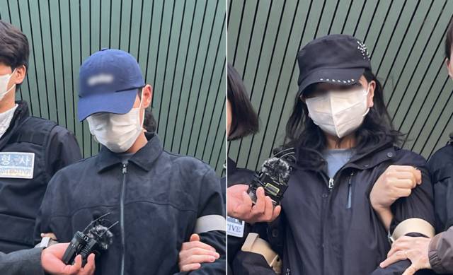 ▲ 장모를 때려 숨지게 한 뒤 캐리어에 시신을 담아 유기한 혐의로 긴급체포된 20대 사위와 딸이 2일 대구 북부경찰서에서 법원 영장실질심사를 받기 위해 각각 이동하고 있다. 연합뉴스
