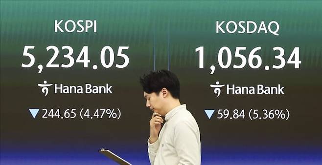 도널드 트럼프 미국 대통령의 대국민 연설 이후 증시가 급락한 2일 서울 을지로 하나은행 딜링룸 전광판에 코스피와 코스닥지수 종가가 표시돼 있다.  /임형택 기자