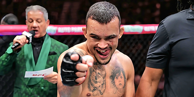 다니에우 구스타부 곤자가 산투스가 2025년 10월 미국 네바다주 패러다이스의 티모바일 아레나에서 2라운드 21초 KO로 ‘좀비 주니어’ 유주상을 꺾어 UFC 4연승을 달성한 후 기뻐하고 있다. 사진=TKO