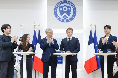 연세대를 찾은 에마뉘엘 마크롱 프랑스 대통령 [연세대 제공. 재판매 및 DB 금지]