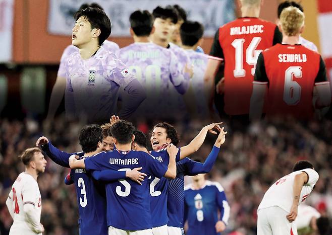 한국 축구 대표팀(위)과 일본 축구대표팀이 유럽 원정 A매치 2연전에서 같은 형태의 스리백 전술을 가동했으나 상반된 결과를 받아들었다. 빈·런던 | AP·연합뉴스