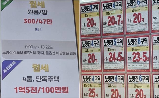 ▲노량진 일대 공인중개업소에 게시된 매물 정보. 원룸 월세와 재개발 구역 아파트 분양가가 나란히 제시되며 지역 내 주거가격 격차가 극명하게 드러나고 있다. 사진=장혜원 기자