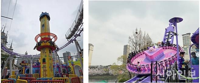 메이플 아일랜드 어트랙션 '에오스 타워'와 '자이로 스핀'.[사진=임종성 기자]