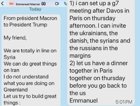 트럼프 대통령이 공개한 마크롱 대통령의 문자. /트루스소셜