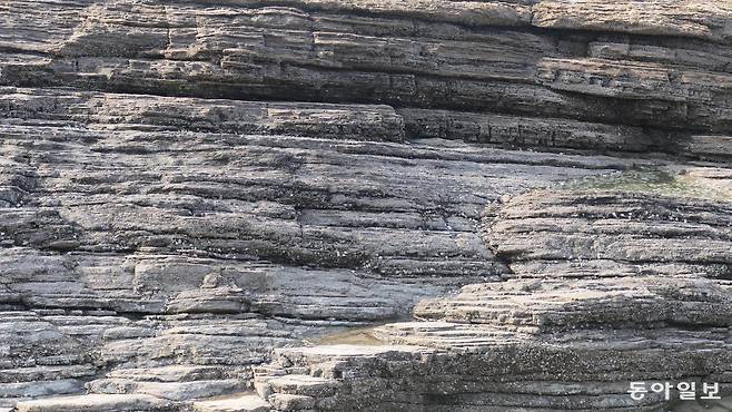 부안군 외변산 채석강 일대. 흑갈색 또는 회색 바위가 층층이 촘촘히 쌓인 책처럼, 레고드판처럼 해변에 깔려 있거나(위 사진) 절벽으로 서 있다.