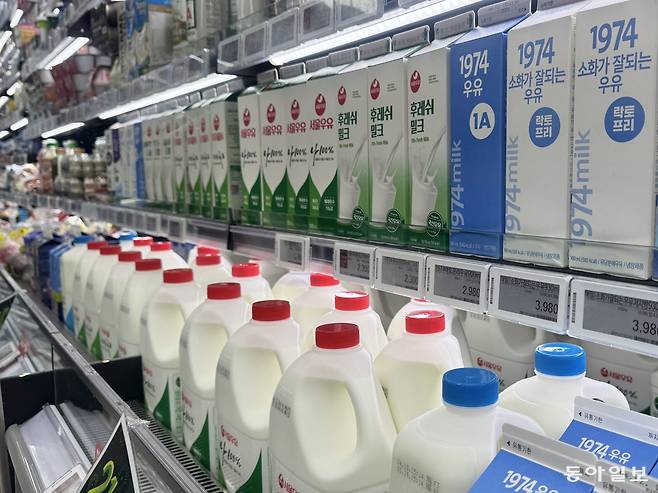 서울 시내의 한 마트에 국산 흰 우유 제품들이 진열돼 있다. 낙농진흥회에 따르면 국민 한 명당 평균 흰 우유 소비량은 2021년 26.6kg에서 지난해 22.9kg으로 역대 최저 수준으로 줄었다. 김다연 기자 damong@donga.com