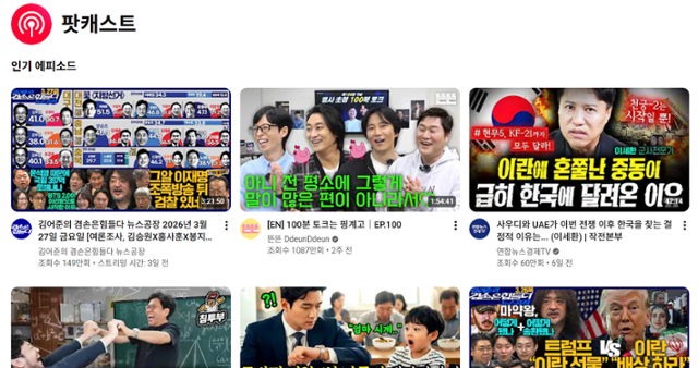 유튜브 내 ‘팟캐스트’ 카테고리 화면. 다양한 비디오 팟캐스트 콘텐츠가 플랫폼 내에서 추천·노출되고 있다. 유튜브 캡처