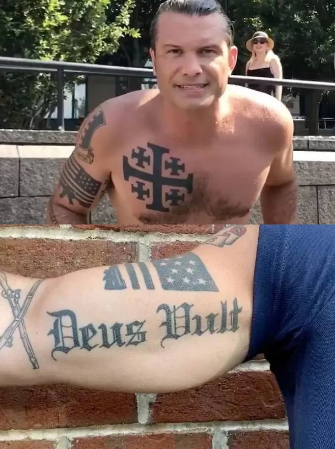 피트 헤그세스 미 국방장관의 몸에 새겨진 십자군 관련 문신. 오른쪽 이두박근에는 십자군 전투 구호인 라틴어 ‘Deus vult’(신의 뜻이다)라는 문신이(사진 아래), 가슴에는 십자군의 상징인 예루살렘 십자가 문신이 새겨졌다. 사진 인스타그램 캡처