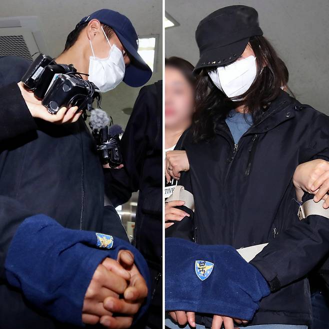 50대 장모를 살해하고 여행용 가방(캐리어)에 담아 대구 북구 신천 잠수교 인근에 유기한 혐의(존속살해 및 사체유기 등)를 받는 20대 사위(왼쪽)와 시체유기 등 범행에 가담한 20대 딸(오른쪽)이 2일 오전 구속 전 피의자 심문(영장실질심사)을 받기 위해 대구지방법원에 도착하고 있다. /사진=뉴스1