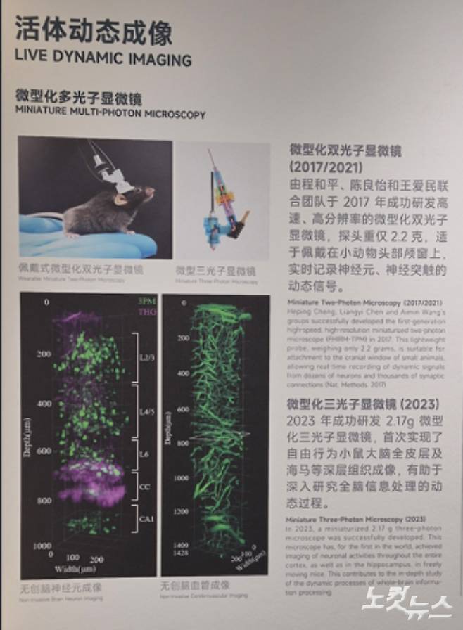쥐 머릿속에 심어  뇌의 신경 활동을 관찰할 수 있는  '초소형 3광자 현미경'에 대해 설명하는 전시물. 정영철 기자