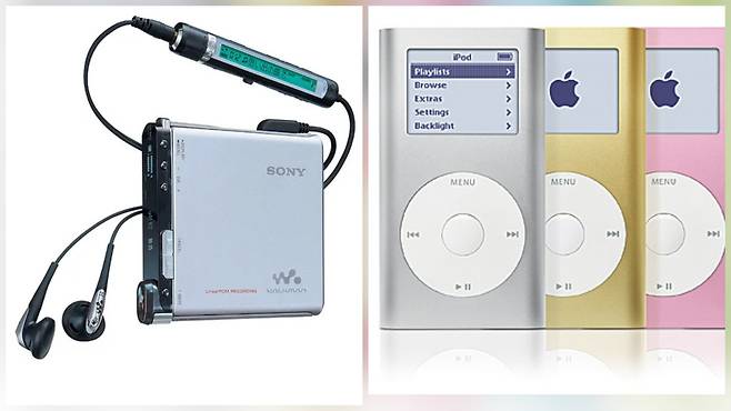 이 제품 알면 최소 30대 후반. 소니에서 출시한 MD 플레이어(좌측)와 MP3 천하를 이룩한 애플의 아이팟 미니