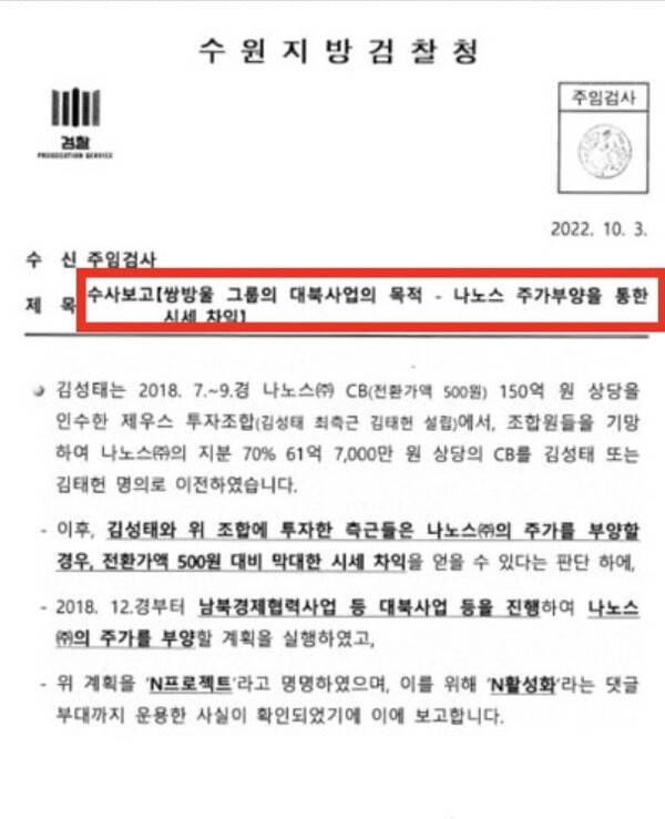 쌍방울그룹 대북사업의 목적이 쌍방울 계열사 나노스의 주가부양을 통한 시세차익이라는 내용의 수원지검 수사보고서. 2026.3.10. 탐사보도그룹 워치독