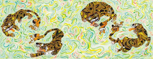 그림책 '빵빵빵'에서 꼬리를 잡힌 호랑이가 아이를 물려고 빙글빙글 돌며 몸싸움을 벌이는 장면. 보리 제공