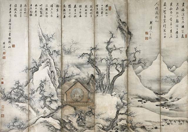 추사 김정희의 제자 중 한 명으로 '추사파'의 일원인 이한철의 '매화서옥도'. 대형 매화 병풍으로 당시 중인층의 호사스러운 서화 취미를 반영하면서도 은둔한 선비의 절개를 동경하는 뜻이 담겨 있다. 국립중앙박물관 제공