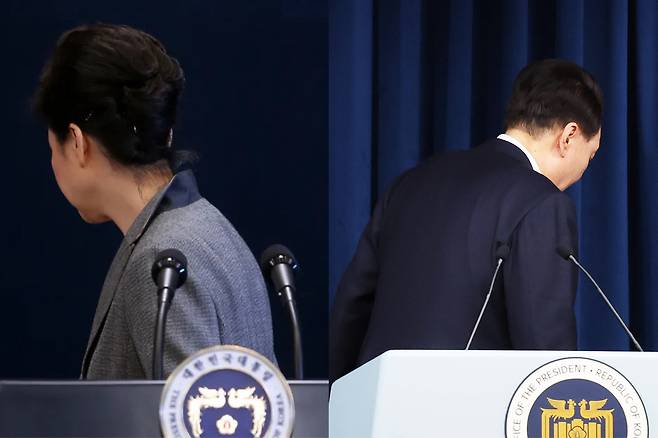 박근혜 전 대통령과 윤석열 전 대통령이 단상을 내려가는 모습. 서성일 선임기자·대통령실사진기자단