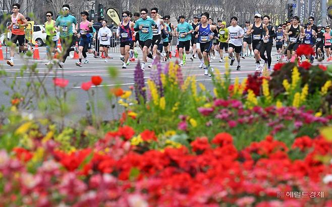 5일 오전 서울 종로구 광화문광장에서 열린 ‘2026 더 레이스 서울 21K’ 마라톤 대회에서 참가자들이 힘차게 코스를 달리고 있다. 임세준 기자