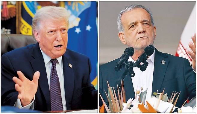 도널드 트럼프 미국 대통령과 마수드 페제시키안 이란 대통령.  [로이터·신화]